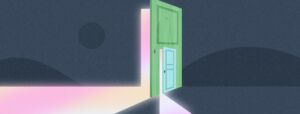 Light shines from behind an open door. Within the open door is a smaller door that is open a crack letting the light shine through. The image signifies how much more is possible by expanding size and scope.